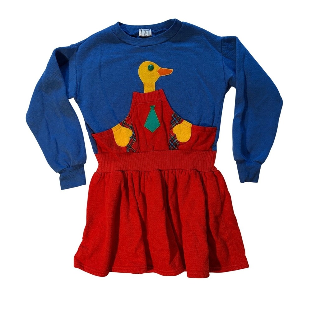 Y2K‎ Vintage Duck Overalls Sweatshirt Dress Blue Red Long Sleeve Kids Girls